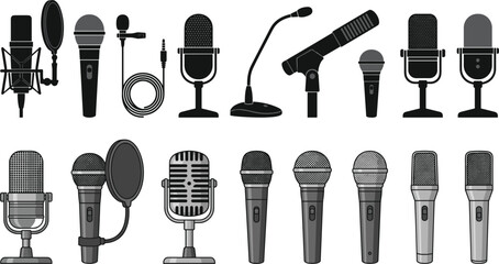 Comprehensive Professional Microphone Icon Set Featuring Studio Condenser Mics, Lavalier Lapel Microphones, Vintage Retro Designs, and Handheld Dynamic Mics for Broadcasting, Podcasting, and Recording © MdRoni