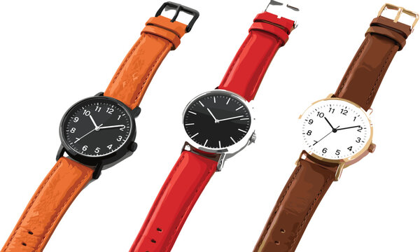 Modern Leather Strap Wristwatch Vector Illustration Set Featuring Black, Red, and Brown Watches for Fashion, Accessories, and Timepiece Designs