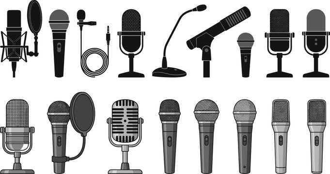 Comprehensive Professional Microphone Icon Set Featuring Studio Condenser Mics, Lavalier Lapel Microphones, Vintage Retro Designs, and Handheld Dynamic Mics for Broadcasting, Podcasting, and Recording