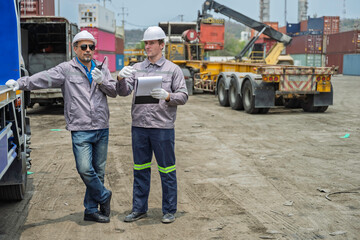 Fototapeta premium Professional logistics workers team checking cargo containers and using walkie talkie for communication at shipping port. Industrial export import business and international freight transportation.