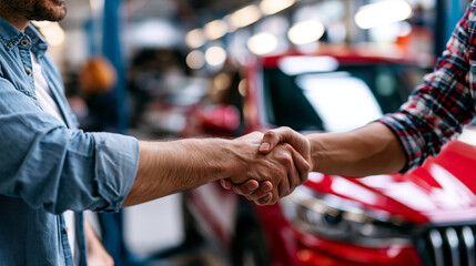 Naklejka premium Hands of happy car owner discussing vehicle repair with mechanic beside bright red car trust and positive customer experience in well lit contemporary automotive workshop