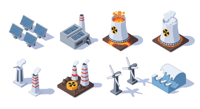 Isometric illustration of various renewable and non-renewable energy power generation facilities and concepts.