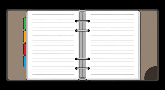 Open binder with lined pages and colorful index tabs