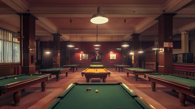 Multiple wooden pool tables arranged symmetrically inside a dimly lit spacious vintage hall designed for playing billiards games with friends during the late evening hours indoors