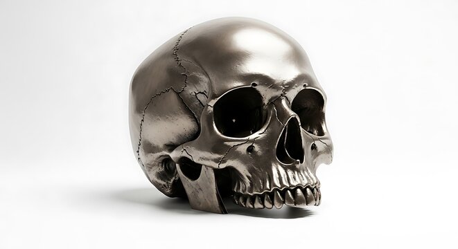 A metallic human skull with a polished sheen, cast in gray metal, set against a white backdrop