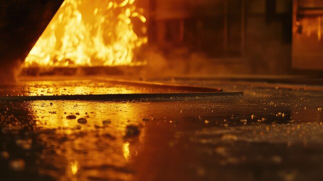 Liquid metal flowing on the ground, creating sparks and reflecting the intense flames and heat from industrial refining furnace in a working environment