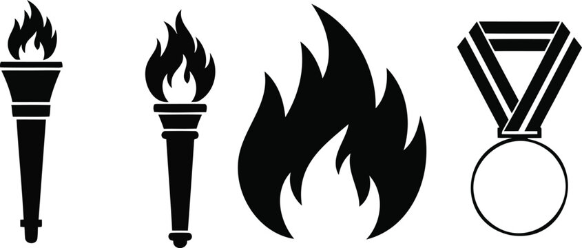 Olympic torch fire flame and winning gold medal vector silhouette illustration line art.