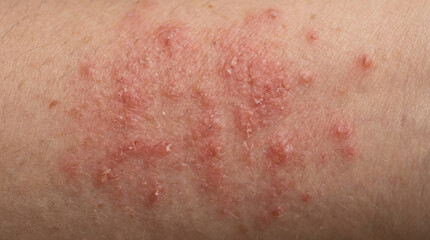 Fototapeta premium Close-up skin with red pimple marks and inflamed rash on neutral background with copy space Pimple Marks