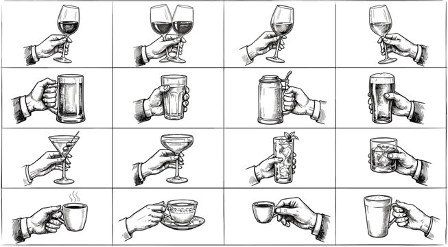 Hand Holding Drinks Illustration Set with Wine Beer Cocktail Coffee and Beverage Sketch Vector Collection