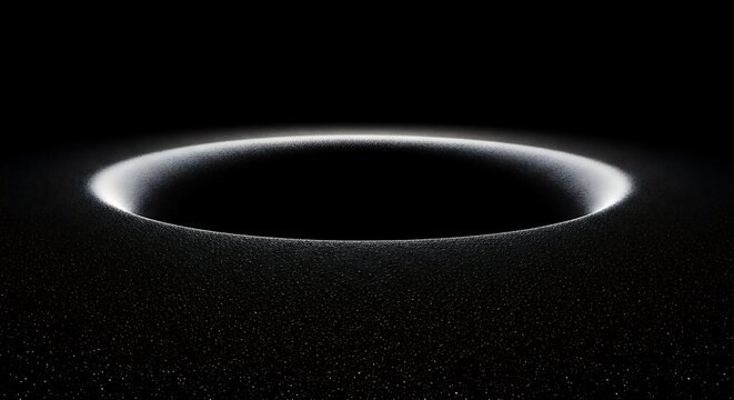 A minimalist, abstract artwork of a glowing, circular void against a textured dark surface
