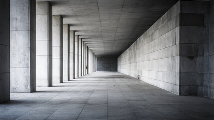 Naklejka premium Concrete tunnel with repeating structural columns and stark light creating geometric shadows, a minimalist brutalist passageway receding with strong perspective and clean symmetry