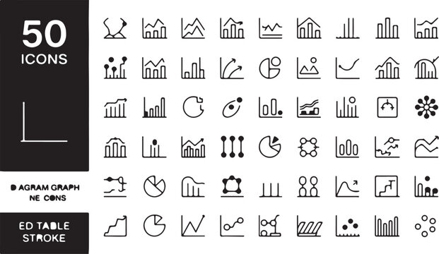 50 vector line icons for data visualization; charts, graphs, diagrams for business analytics and financial reporting