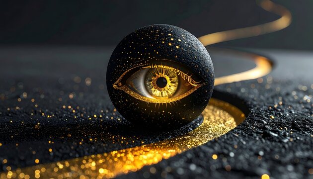 Eye sphere on black with gold trail