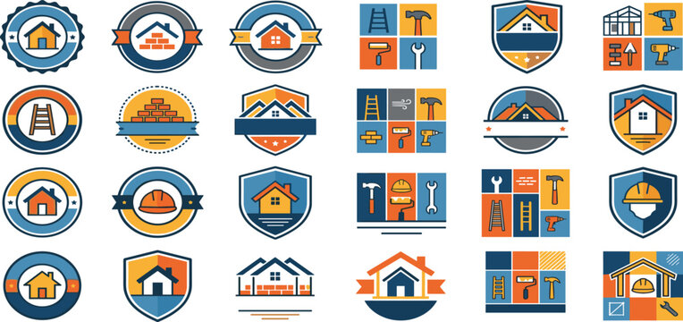Set of house construction and home repair service logo badges with tools and building icons on white background