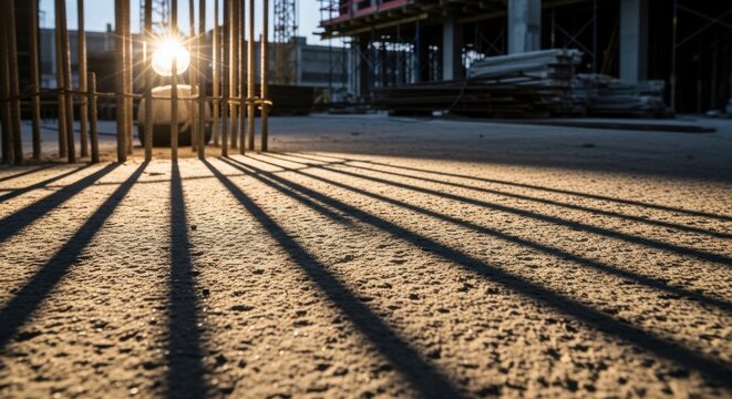 Sharp defined shadow lines from metal rebar on a construction site during golden hour