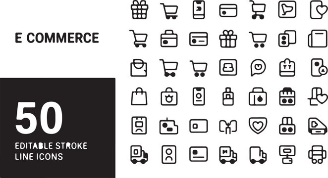 A Collection of 50 Editable Stroke Icons Representing Various Aspects of E-commerce and Online Shopping
