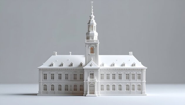 White architectural model with a tower and gabled roofs, on white background