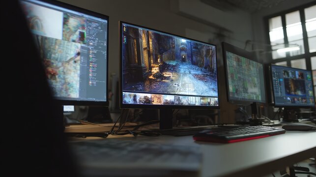Creative professional or student working on a digital design, developing complex 3d graphics and visual effects across multiple computer screens in a modern production studio