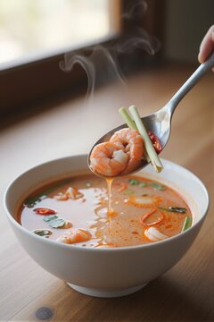 A metal spoon holds cooked Penaeus monodon shrimp and lemongrass over a steaming bowl of tom yum soup on a light wooden table.