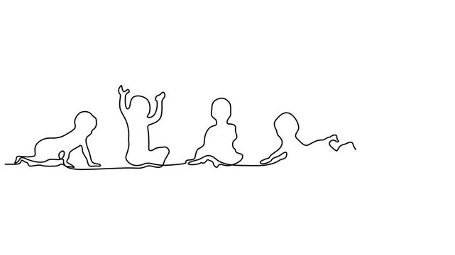 group of children lying on the floor animation continuous one line drawing, continuous line of group of children lying on the floor.one line drawing of children of various races, Animated self drawing