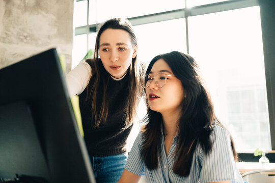 Female coworkers discussing project while working on computer at office