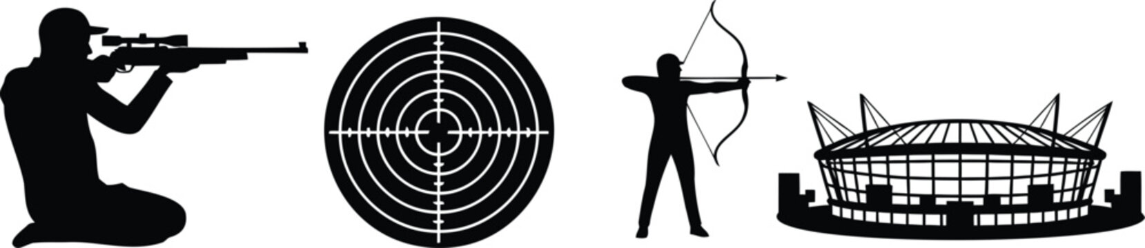 Precision shooting and archery vector silhouette illustration with stadium and target art.