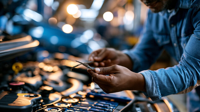 Hands of mechanic checking engine oil level with dipstick in bright professional auto workshop routine car maintenance procedure with organized tools and clean engine