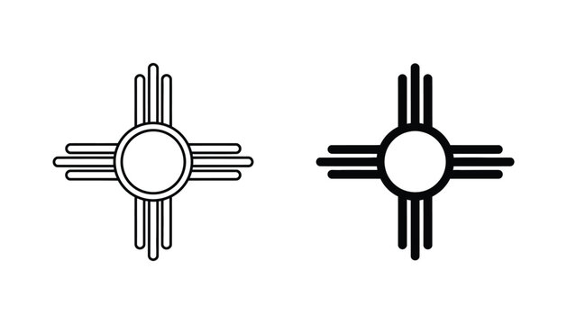 Two stylized Zia symbols in outline and solid black versions representing New Mexico state identity and cultural heritage