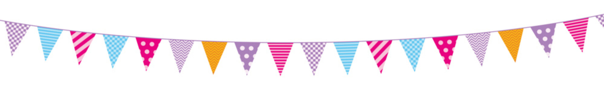 Purple pink and blue pastel colored party bunting pennant garland flags for sweet event decoration vector illustration