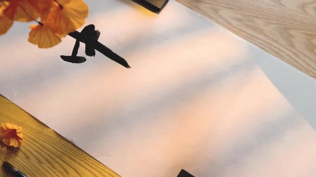 Hand Practicing Traditional Calligraphy on Paper with Orange Flowers
