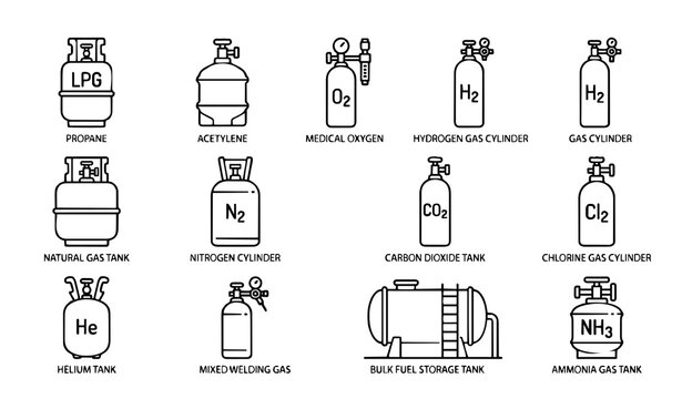 Gas cylinder icon set with propane acetylene medical oxygen hydrogen nitrogen carbon dioxide chlorine helium ammonia and bulk storage tanks
