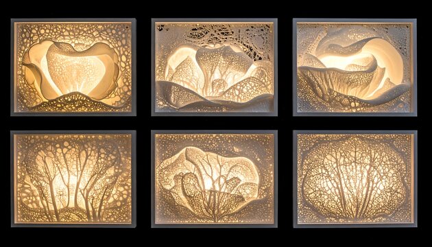 Six illuminated, shadowbox floral art pieces displayed in two rows