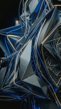 Abstract futuristic metallic geometric structures with glowing blue and gold wires on dark amoled background
