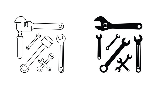 Collection of various construction tools icons featuring wrench and adjustable spanner in outline and solid black styles for industrial maintenance or repair service branding