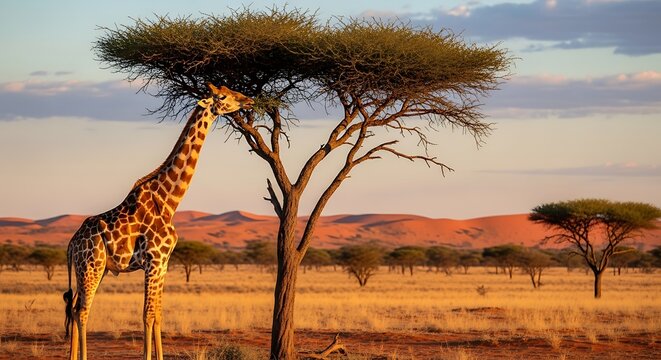 Tall Giraffe Feeding on Acacia Tree in Golden African Savanna