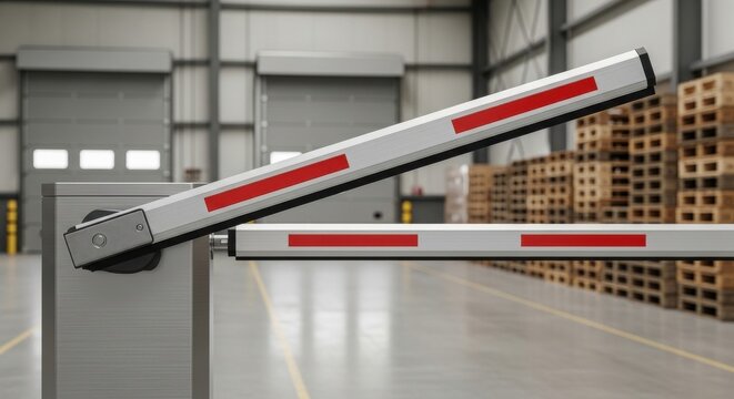 Brushed Metal Barrier Arm in Semi-Raised Position Inside a Warehouse Facility