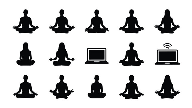 Set of 15 Black Yoga Meditation and Technology Icons Vector