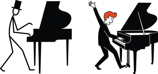 Piano Performance Vector Set Featuring Stick-Figure and Detailed Characters Playing Piano in Energetic and Elegant Poses for Music, Art, and Performance Illustrations. © Sanjida