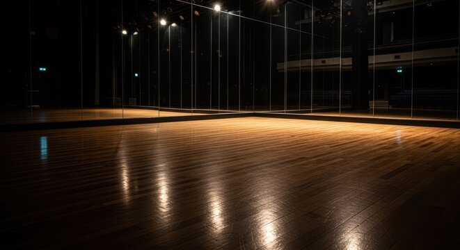 Polished wooden dance studio floor gleams under intense spotlights with mirrored walls reflecting the scene