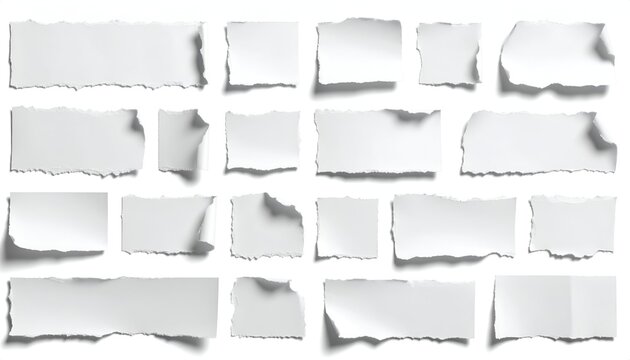 Torn white paper scraps arranged irregularly on a white background
