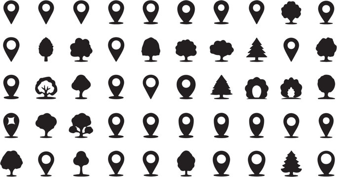 Black icons of trees and map.