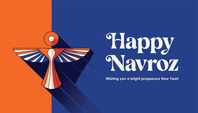 Happy Navroz wishes with geometric bird and text on blue and orange split background