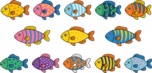 Naklejka premium Colorful Fish Vector Set with Various Patterns and Colors for Ocean, Marine, and Nature Illustrations.