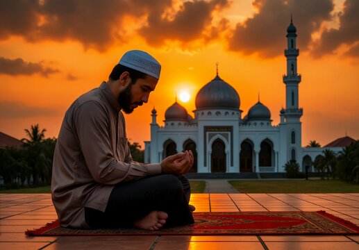 Muslim man praying on prayer mat in front of mosque at sunset