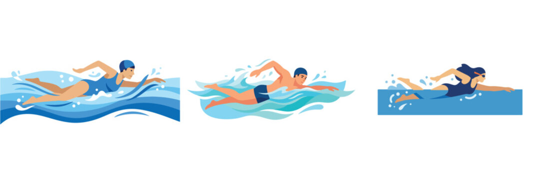 Flat vector illustration of a person swimming in a simplified style, clean minimal representation, no outline, white background