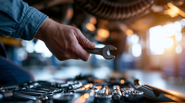 Hands of mechanic repairing car undercarriage with wrench on bright auto service workshop floor professional vehicle maintenance with organized tools and systematic undercarriage