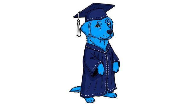 Blue cartoon character wearing graduation cap and gown with snowflakes
