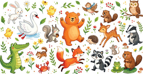 Large Collection of Cute Forest and Wetland Animal Characters including Bear, Fox, Rabbit, Owl, Deer, and Raccoon for Children's Books, Educational Apps, and Nursery Wall Art Designs © Rownok
