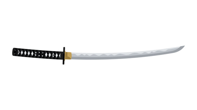 A clean digital vector graphic representing a single unsheathed samurai katana sword with a black wrapped handle and simple circular guard on white.
