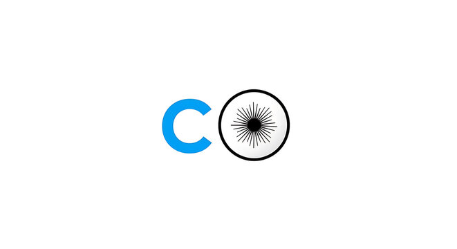Blue letter c with circular emblem and 'm' symbol in center circle
